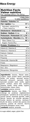 Maca Energy Smoothie Pack's Nutrition Facts Label